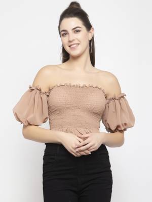 Beige smoked off shoulder crop top 1