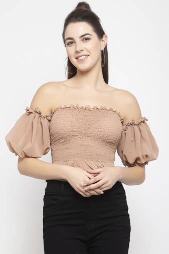 Beige smoked off shoulder crop top
