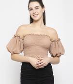 Beige smoked off shoulder crop top