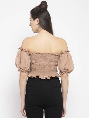 Beige smoked off shoulder crop top 3