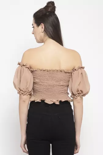 Beige smoked off shoulder crop top