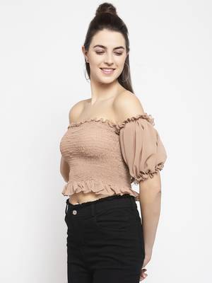 Beige smoked off shoulder crop top 4