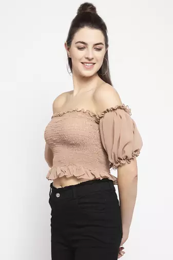 Beige smoked off shoulder crop top