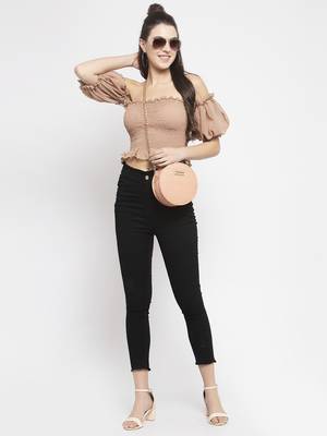 Beige smoked off shoulder crop top 5