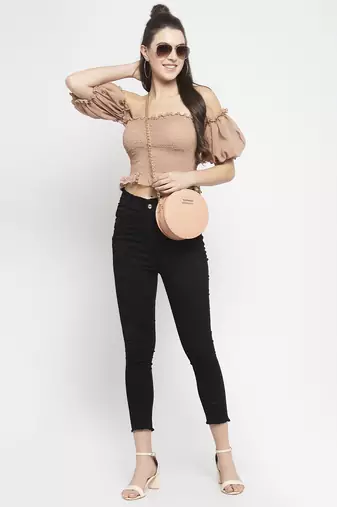 Beige smoked off shoulder crop top