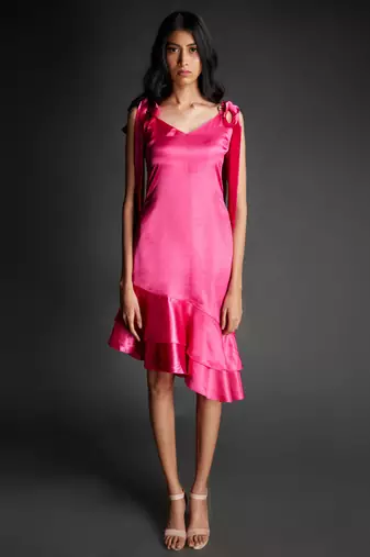 Hot pink satin midi dress