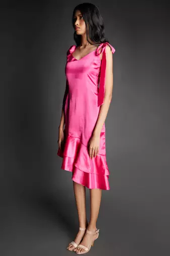 Hot pink satin midi dress