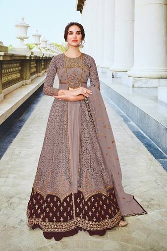 Grey color soft net semi stitched embroidered salwar suit