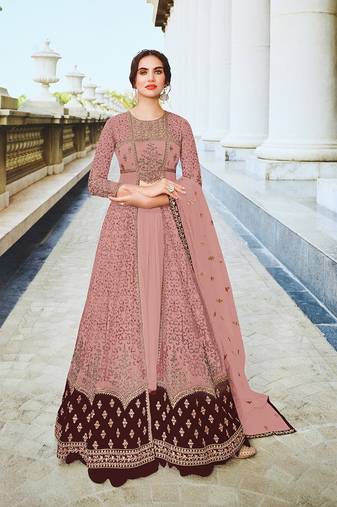 Dark rose color soft net semi stitched embroidered salwar suit