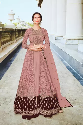 Dark rose color soft net semi stitched embroidered salwar suit