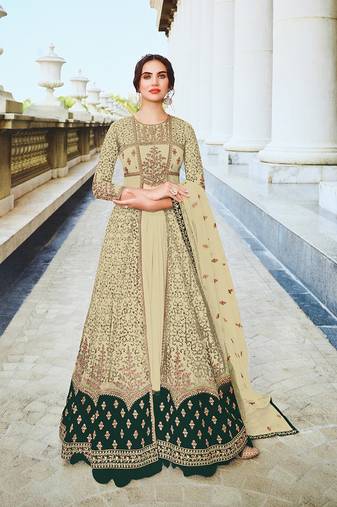 Cream color soft net semi stitched embroidered salwar suit