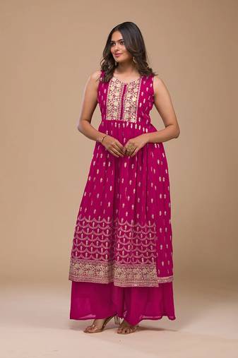 Magenta color georgette semi stitched embroidered palazzo suit