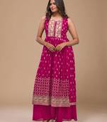 Magenta color georgette semi stitched embroidered palazzo suit