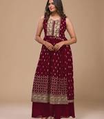 Wine color georgette semi stitched embroidered palazzo suit