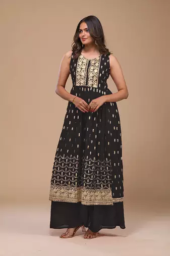 Black color georgette semi stitched embroidered palazzo suit