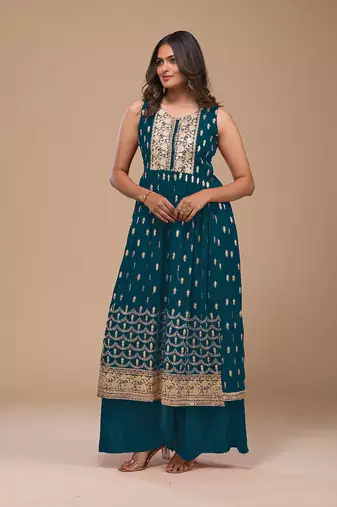 Dark blue color georgette semi stitched embroidered palazzo suit