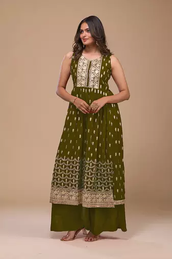Olive color georgette semi stitched embroidered palazzo suit