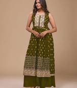 Olive color georgette semi stitched embroidered palazzo suit