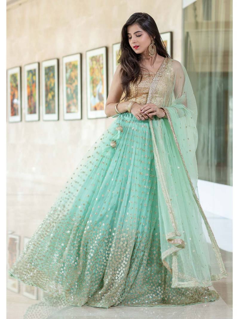 Firoji Woman Foil Work Net Lehenga Choli