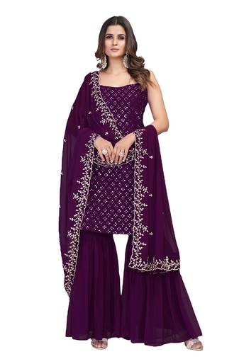 Wine Color Base Kurta Set With Dupatta.