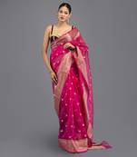 Hot Pink Kora Silk Banarasi Handloom Saree Without Blouse