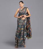 Navy Blue Printed Pure Silk Banarasi Handloom Saree Without Blouse