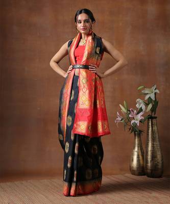 Black & Red Katan Silk Banarasi Handloom Saree Without Blouse 1