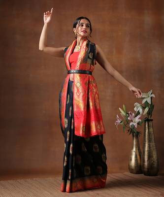 Black & Red Katan Silk Banarasi Handloom Saree Without Blouse 2