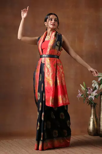 Black & Red Katan Silk Banarasi Handloom Saree Without Blouse