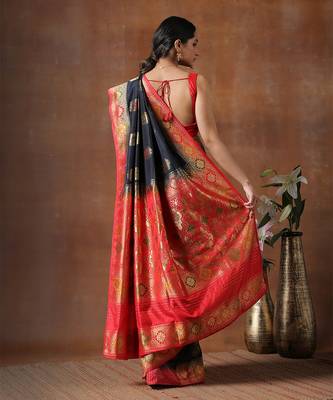 Black & Red Katan Silk Banarasi Handloom Saree Without Blouse 3