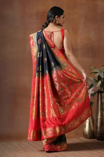 Black & Red Katan Silk Banarasi Handloom Saree Without Blouse