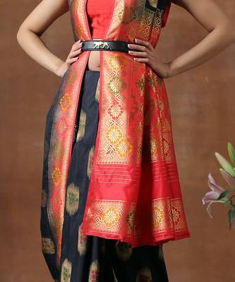 Black & Red Katan Silk Banarasi Handloom Saree Without Blouse 4