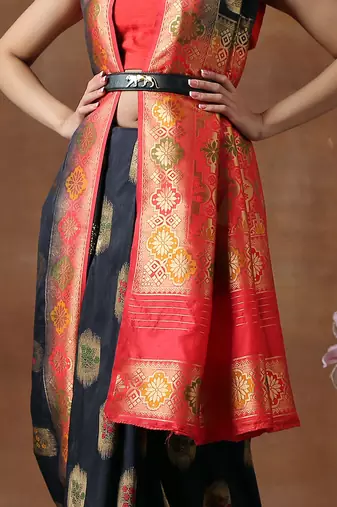 Black & Red Katan Silk Banarasi Handloom Saree Without Blouse