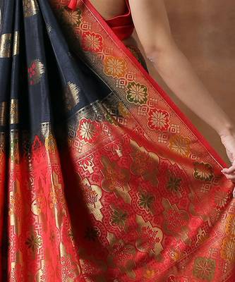 Black & Red Katan Silk Banarasi Handloom Saree Without Blouse 5