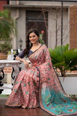 ONION PINK BEAUTIFUL LINEN COTTON SAREE 1