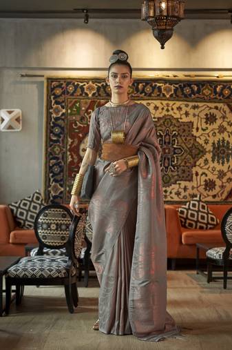 Kimisha women's grey silk woven saree with unstitched blouse piece