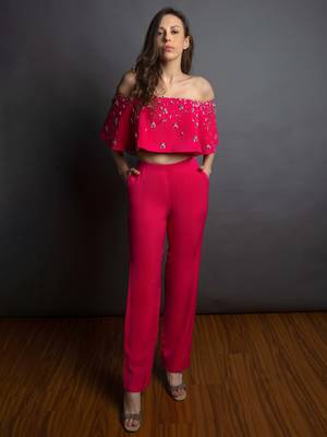 Hot pink embriodered lachka top & pant set 1