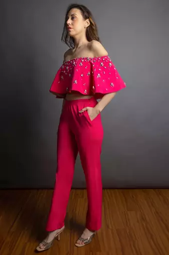 Hot pink embriodered lachka top & pant set