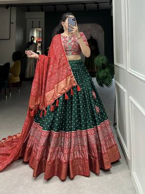 Green Color Dola Silk With Bandhani And Ajarakh Print Foil Work Lehenga Choli For Women 1