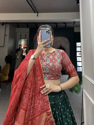 Green Color Dola Silk With Bandhani And Ajarakh Print Foil Work Lehenga Choli For Women 2