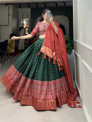 Green Color Dola Silk With Bandhani And Ajarakh Print Foil Work Lehenga Choli For Women 3