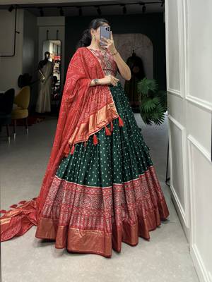 Green Color Dola Silk With Bandhani And Ajarakh Print Foil Work Lehenga Choli For Women 4