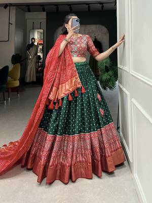 Green Color Dola Silk With Bandhani And Ajarakh Print Foil Work Lehenga Choli For Women 5