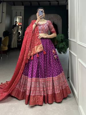 Purple Color Dola Silk With Bandhani And Ajarakh Print Foil Work Lehenga Choli For Women 1