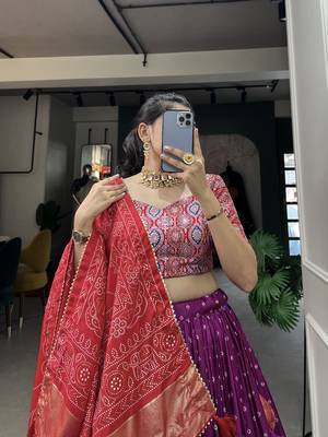 Purple Color Dola Silk With Bandhani And Ajarakh Print Foil Work Lehenga Choli For Women 2