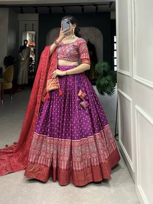 Purple Color Dola Silk With Bandhani And Ajarakh Print Foil Work Lehenga Choli For Women 3