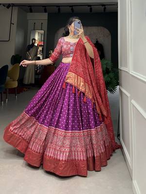Purple Color Dola Silk With Bandhani And Ajarakh Print Foil Work Lehenga Choli For Women 4