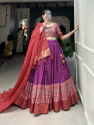 Purple Color Dola Silk With Bandhani And Ajarakh Print Foil Work Lehenga Choli For Women 5