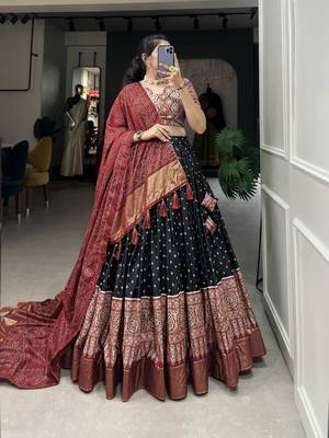 Black Color Dola Silk With Bandhani And Ajarakh Print Foil Work Lehenga Choli For Women 1