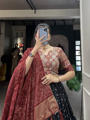 Black Color Dola Silk With Bandhani And Ajarakh Print Foil Work Lehenga Choli For Women 2